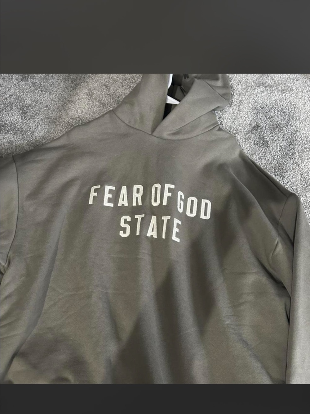 Essentials Fear of God State Hoodie in Olive Green with White Text